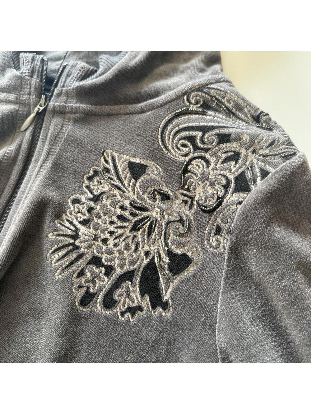 Y2K Cynthia Rowley Velour Velvet Beaded Floral Zip-Up Hoodie - Picture 6 of 7